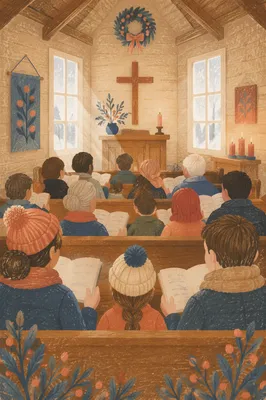 Congregation Singing Hymns in Wooden Chapel