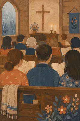 Congregation Singing Hymns in Rainy Chapel