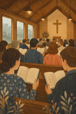 Congregation Singing Hymns in Wooden Chapel