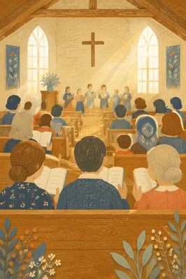 Congregation Singing Hymns in Wooden Chapel