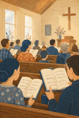 Congregation Singing Hymns with Open Hymnals