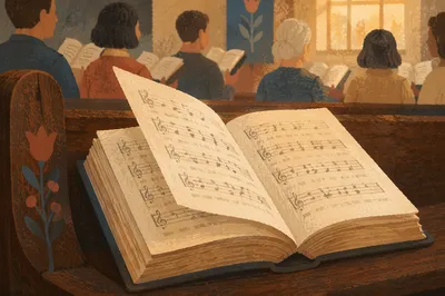 Open Hymnal on Church Pew