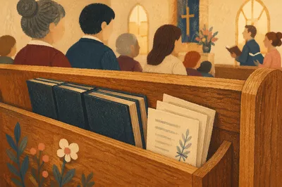 Hymnals Resting in Warm Church Pew
