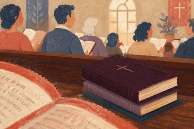 Hymn Books on Wooden Church Pew