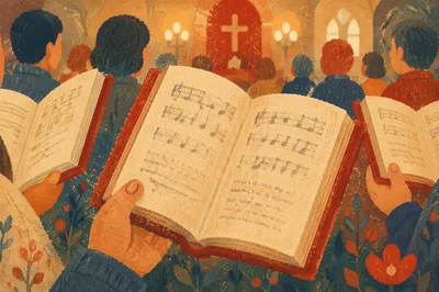 Congregation Singing from Red Hymnals