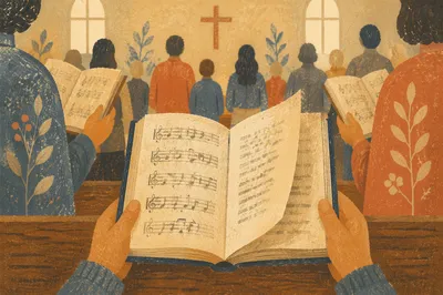 Congregation Holding Hymnals in Warm Worship