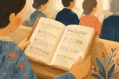 Congregation Singing from Open Hymnal Book