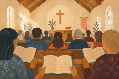 Congregation Singing Hymnals in Sunlit Chapel