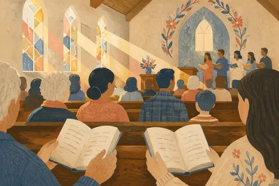 Congregation Singing from Hymnals in Morning Light