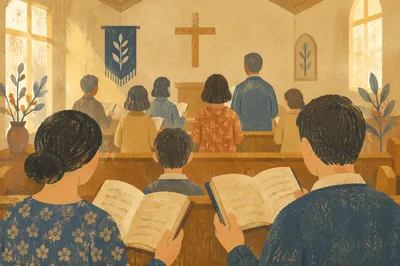 Congregation Singing Hymnals in Morning Chapel