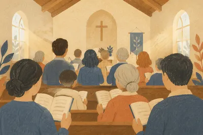 Congregation Singing Hymnals in Morning Light
