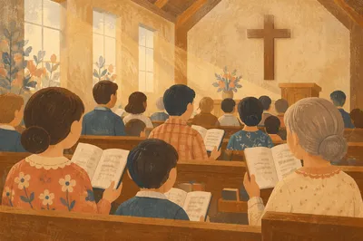 Congregation Singing Hymns in Wooden Chapel