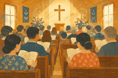 Congregation Singing Hymns in Wooden Chapel