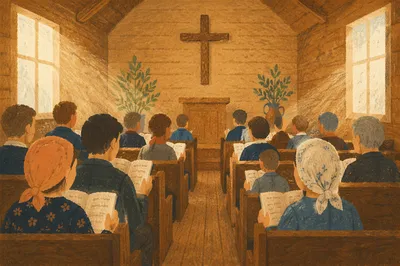 Congregation Singing Hymns in Wooden Chapel