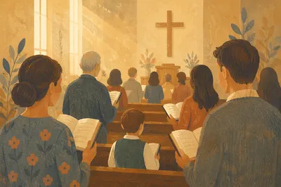 Congregation Singing Hymns in Wooden Chapel