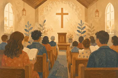 Congregation Singing Hymns in Wooden Chapel