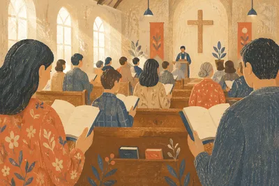 Congregation Singing Hymns in Wooden Chapel