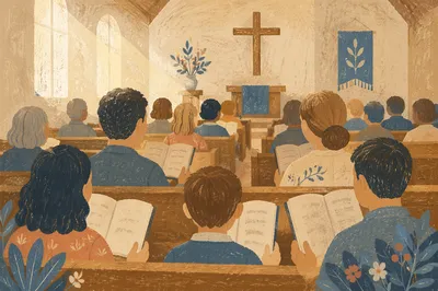 Congregation Singing Hymns in Wooden Chapel
