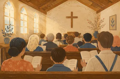 Congregation Singing Hymns in Wooden Chapel