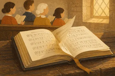 Open Hymnal on Rustic Church Pew