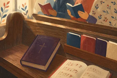 Purple Hymnal on Church Pew