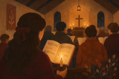 Congregation Singing from Hymnals by Candlelight