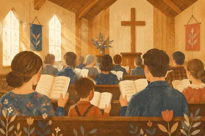 Congregation Singing Hymns in Wooden Chapel