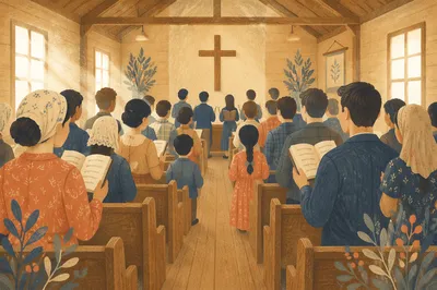 Congregation Singing Hymns in Wooden Chapel