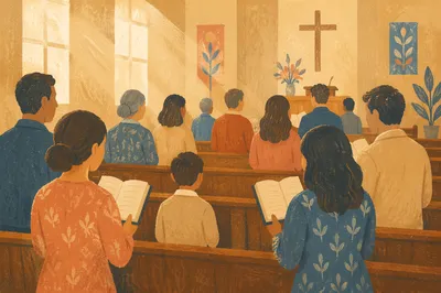 Congregation Singing Hymns in Wooden Chapel