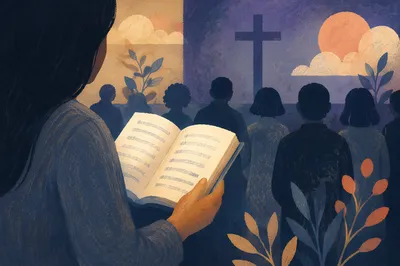 Congregation Singing Hymns in Dim Sanctuary