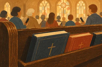 Hymn Books Resting in Church Pew