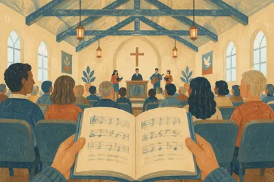 Congregation Singing Hymns with Open Hymnal