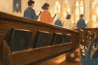Hymnals on Wooden Pew During Worship