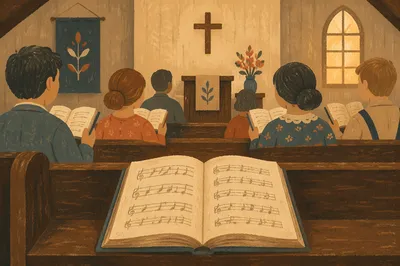 Congregation Singing Hymns in Wooden Chapel