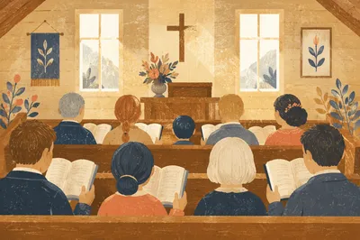 Congregation Singing Hymns in Wooden Chapel