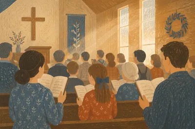 Congregation Singing Hymns in Wooden Chapel