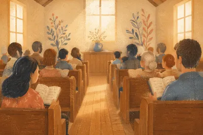 Congregation Singing Hymns in Wooden Chapel