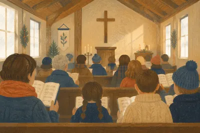 Congregation Singing Hymns in Wooden Chapel