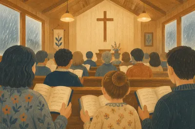 Congregation Singing Hymns in Wooden Chapel