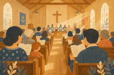 Congregation Singing Hymns in Wooden Chapel