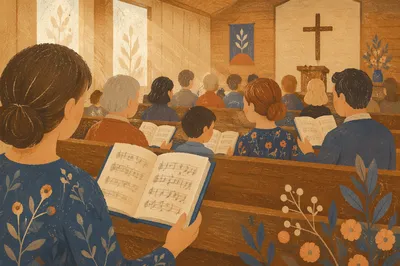 Congregation Singing Hymns in Wooden Chapel