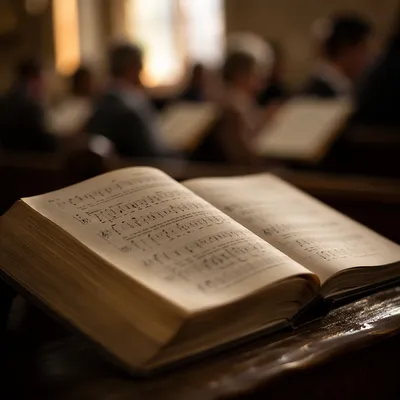 Open Hymnal on Church Pew