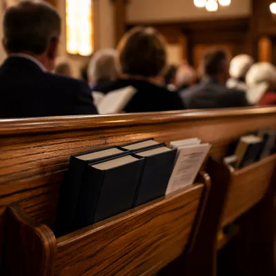 Hymnals in a Warm Church Pew
