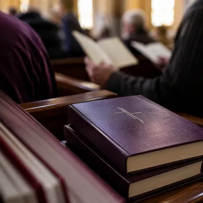 Hymn Books on Wooden Church Pew