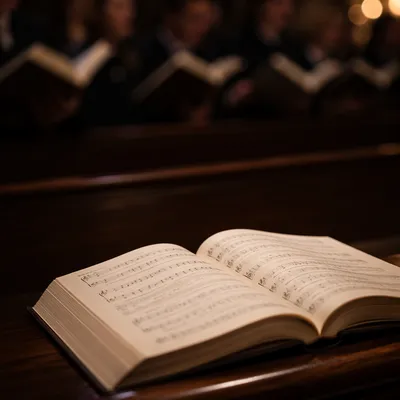 Open Hymnal on Wooden Church Pew