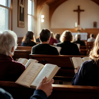 Congregation Singing Hymns in Sunlit Chapel