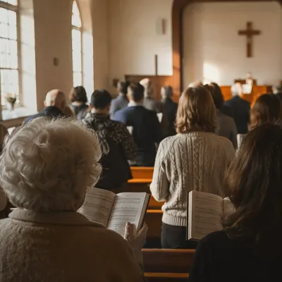 Reverent Congregation Singing from Hymnal Books