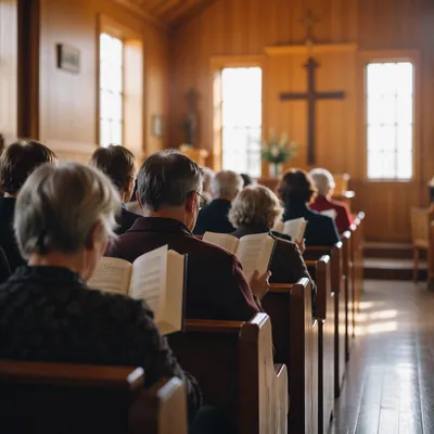 Congregation Singing Hymns in Wooden Chapel