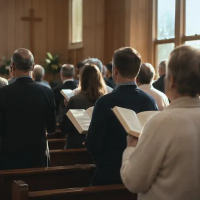 Congregation Singing Hymns in Wooden Chapel