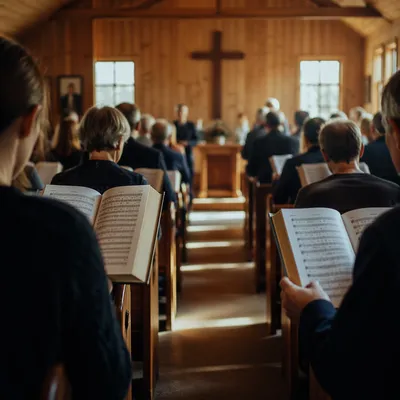 Congregation Singing Hymns in Wooden Chapel
